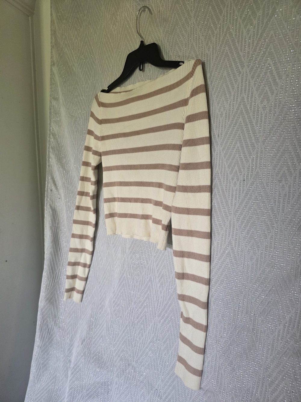 Cream and Beige Striped Ribbed Long-Sleeve Top